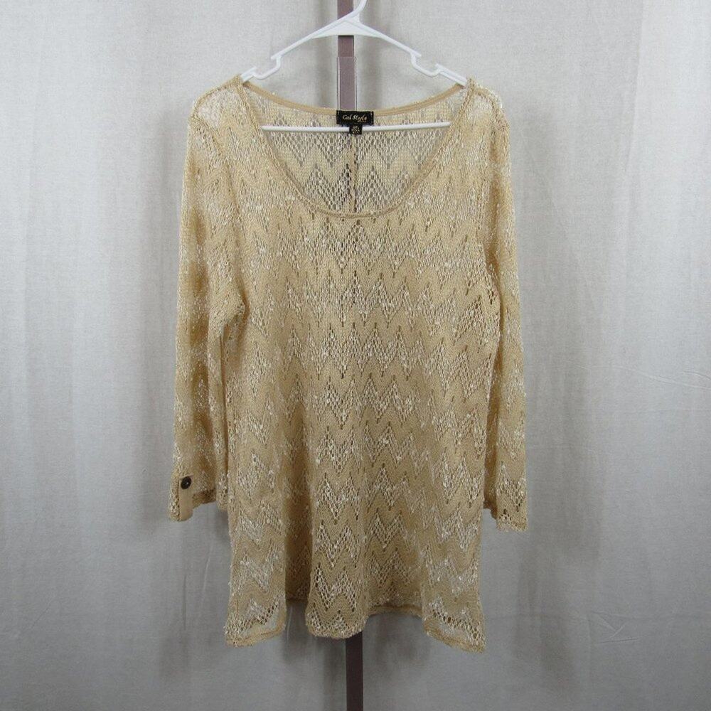 Cal Style 2XL Knit Mesh Lace Ivory Long Sleeve Blouse Chevron Semi Sheer Top